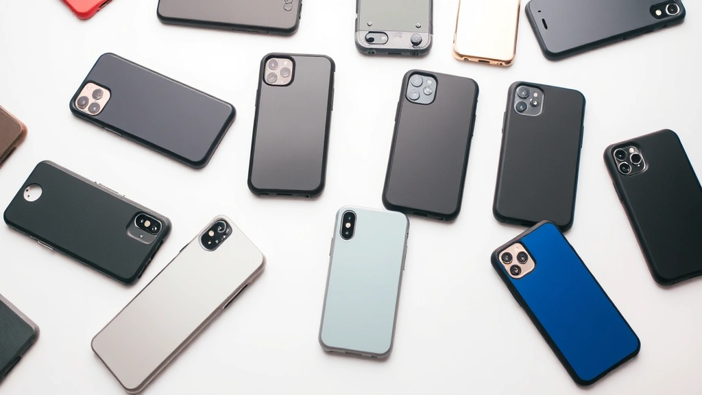 Professional photography of multiple protective iPhone cases arranged on a clean white surface, showing various materials and designs without any text or branding visible, realistic lighting highlighting protective features and materials