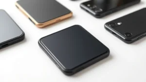 Close-up of multiple smartphone cases arranged on a clean white surface showing different protection materials and layers, photorealistic professional product photography style