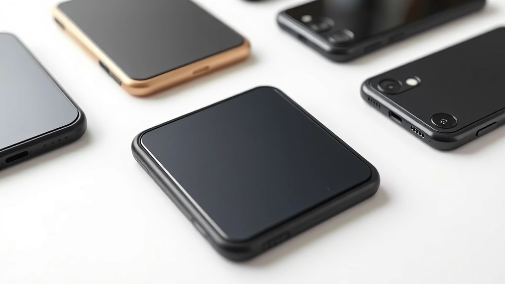 Close-up of multiple smartphone cases arranged on a clean white surface showing different protection materials and layers, photorealistic professional product photography style