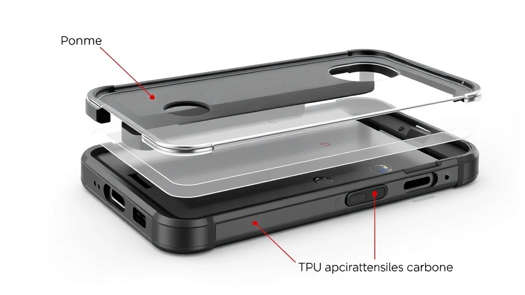 Detailed cross-section cutaway illustration rendered photorealistically showing the internal multi-layer construction of a protective phone case with foam, TPU, and polycarbonate components