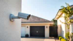Professional security camera mounted on residential property exterior wall with clear sightline of driveway and entrance, modern design, daylight conditions, weatherproof housing visible