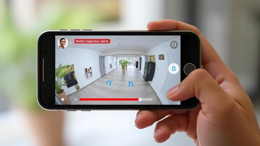 Close-up of cellular security camera display showing live video feed on smartphone screen with motion detection alerts and encrypted connection indicators, hands holding phone