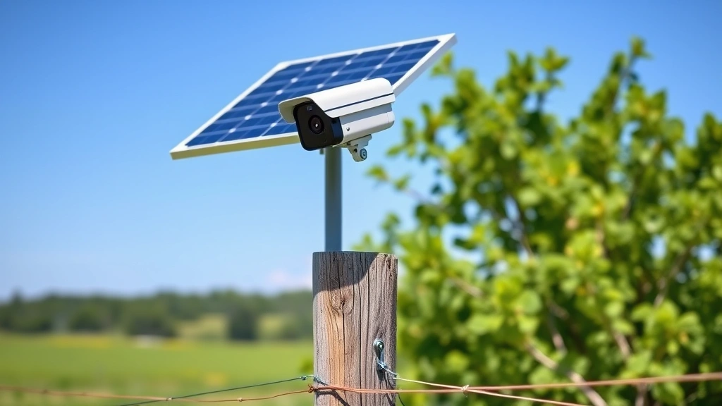 Solar panel attached to outdoor security camera installation on rural property fence post with green landscape background, blue sky, demonstrating power independence setup