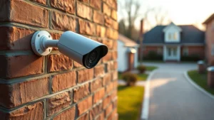 Professional outdoor cellular security camera mounted on weathered brick wall, 4K video indicator, lens focused on residential driveway, golden hour lighting, no visible text or code