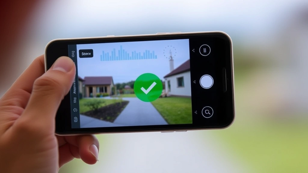 Secure mobile device displaying encrypted video feed from remote property, cellular signal bars prominent, green security checkmark overlay, blurred landscape visible on screen, no readable app text