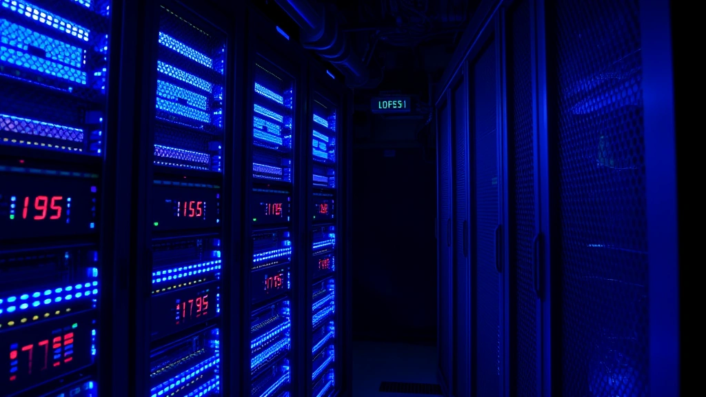 Data center server room with network security infrastructure, blue LED indicators glowing, cables organized in cable management systems, emphasizing data encryption and cloud backup systems, no visible code or text