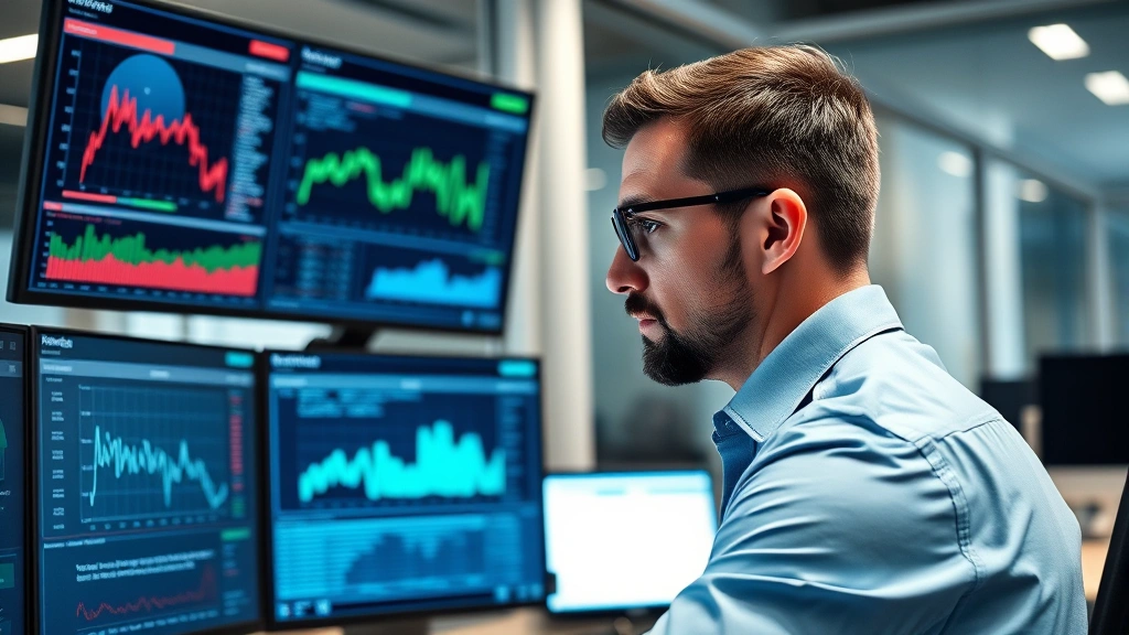 Professional cybersecurity analyst reviewing threat intelligence dashboards and security metrics on multiple monitors in modern office environment, focused expression, professional attire