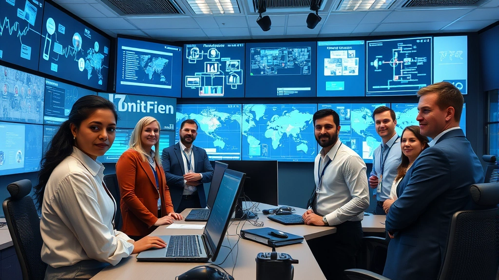 Diverse team of security professionals collaborating in high-tech security operations center with network diagrams and protection systems visible, confident postures, modern workspace