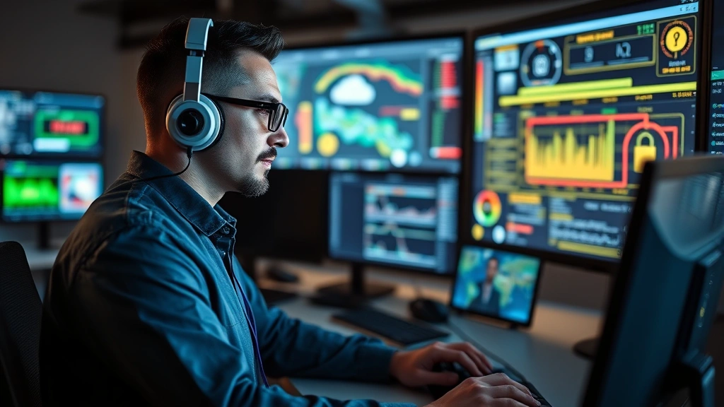 Cybersecurity expert conducting vulnerability assessment, examining infrastructure security controls and defense mechanisms in sophisticated monitoring station environment, concentrated demeanor