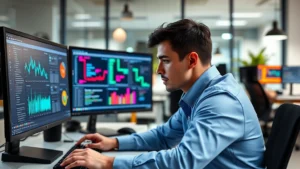 Professional cybersecurity analyst studying at desk with multiple monitors displaying security dashboards and threat intelligence data, focused concentration, modern office environment