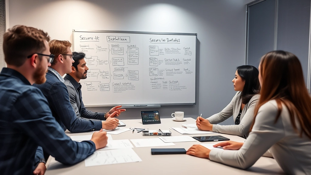 Team of security professionals in collaborative meeting discussing incident response strategies, whiteboards with security frameworks, diverse group engaged in planning
