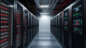 Secure cloud database server room with redundant storage systems, fiber optic cables glowing, biometric access control panel, multiple redundant power supplies, and temperature monitoring displays, photorealistic professional data center environment