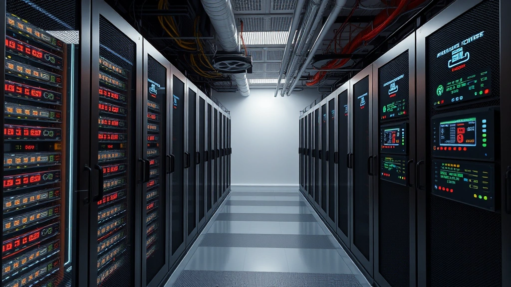 Secure cloud database server room with redundant storage systems, fiber optic cables glowing, biometric access control panel, multiple redundant power supplies, and temperature monitoring displays, photorealistic professional data center environment