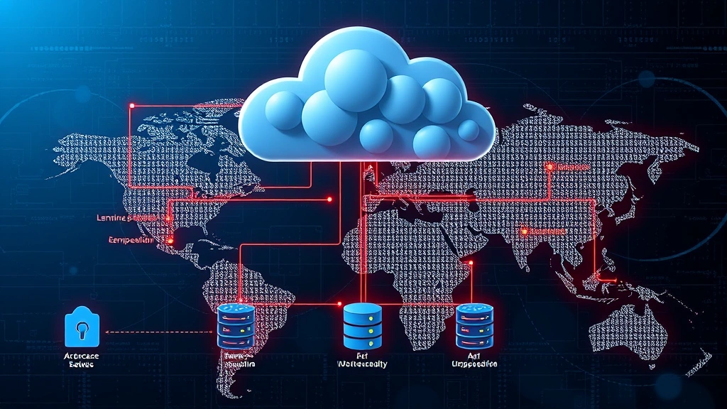 Cloud database architecture diagram visualization showing encrypted data pathways between client applications and database servers across multiple geographic regions with security checkpoints and access control layers, photorealistic technical illustration
