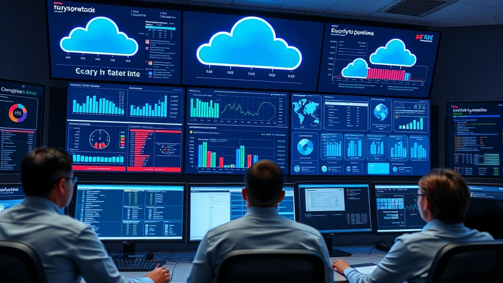 Security operations center monitoring cloud databases with multiple screens displaying real-time encryption metrics, access logs, threat detection alerts, audit trails, and compliance dashboards with security analysts reviewing data, photorealistic professional environment