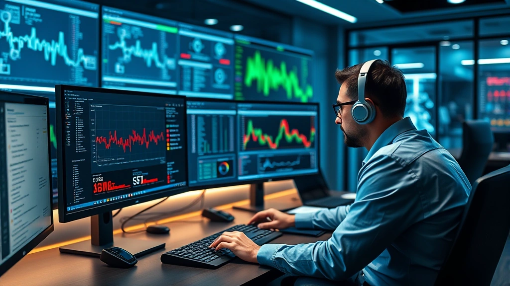 Professional cybersecurity analyst working at secure workstation with multiple monitors displaying network traffic analysis and threat detection dashboards in modern corporate security operations center