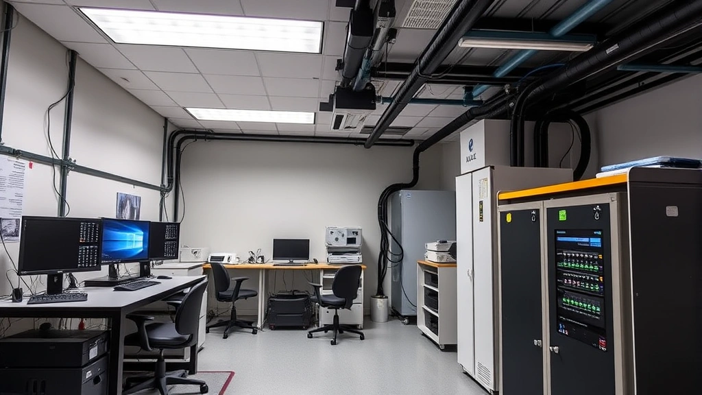 Advanced laboratory environment with specialized cybersecurity testing equipment, isolated network hardware, and monitoring systems used for hands-on security training and research