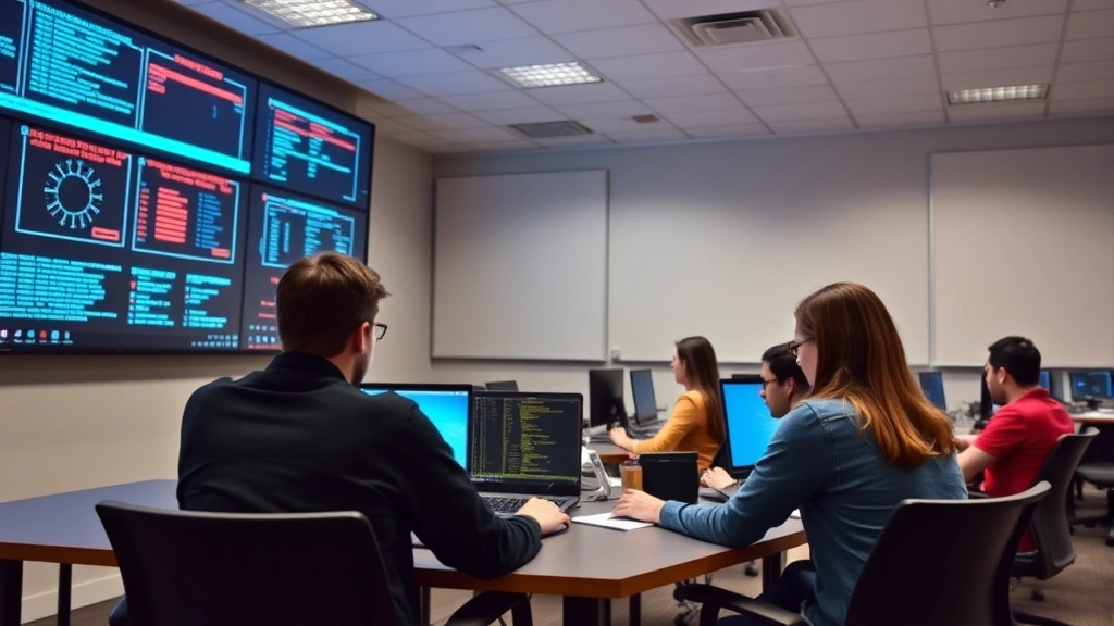 University classroom with students engaged in collaborative cybersecurity incident response simulation exercise, analyzing security breach scenarios on large interactive displays