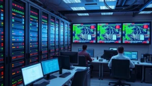 Professional data center with secure server racks, LED monitoring displays showing network activity patterns, cybersecurity professionals at workstations, cables organized and color-coded, emphasis on infrastructure security and monitoring systems