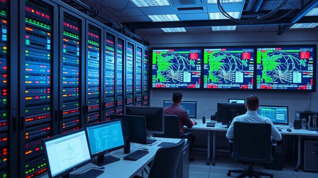 Professional data center with secure server racks, LED monitoring displays showing network activity patterns, cybersecurity professionals at workstations, cables organized and color-coded, emphasis on infrastructure security and monitoring systems