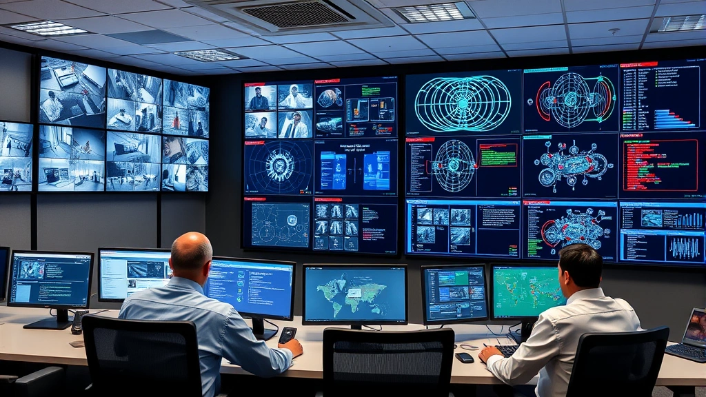 Modern office security control room with multiple large monitors displaying live camera feeds, network topology diagrams, and security alerts, professional security operators in professional attire monitoring systems, clean organized workspace with cybersecurity focus