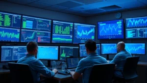 Photorealistic image of a security operations center with multiple monitors displaying real-time threat dashboards and network traffic analysis, professional security analysts working intently, blue and green data visualizations, no text or code visible