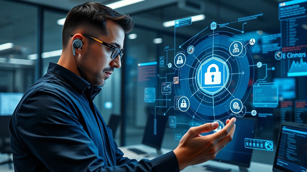 Photorealistic image of a cybersecurity professional examining threat intelligence on advanced holographic-style displays, showing interconnected threat nodes and protection pathways, corporate office environment with sophisticated security infrastructure visible, no visible code or security alerts