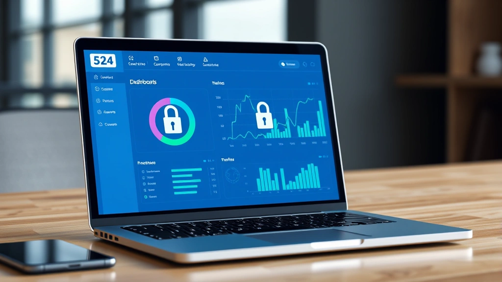 Photorealistic image of a modern laptop displaying security dashboard with lock icons and data visualization graphs, blue and green cybersecurity interface elements, no text visible, professional workspace setting