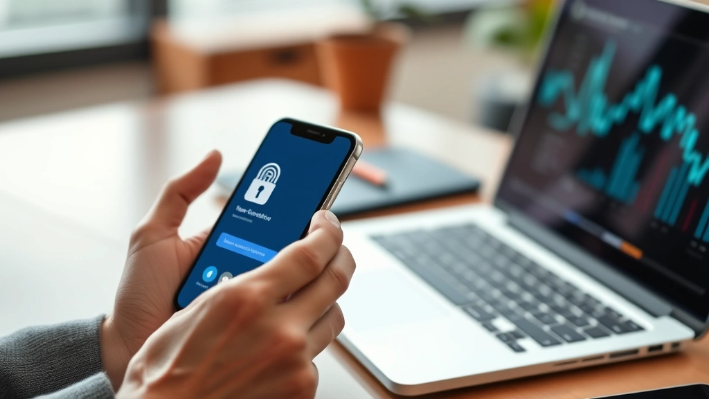 Photorealistic photo of a person using multi-factor authentication on smartphone next to laptop, showing biometric security and authentication apps, secure office environment, no visible text or code