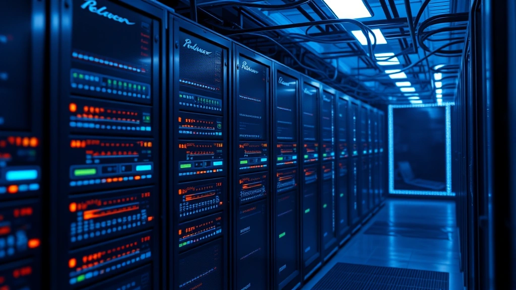 Photorealistic image of network security infrastructure with connected nodes, digital firewall visualization, server room aesthetic with blue lighting, cybersecurity monitoring concept, no terminal windows or text