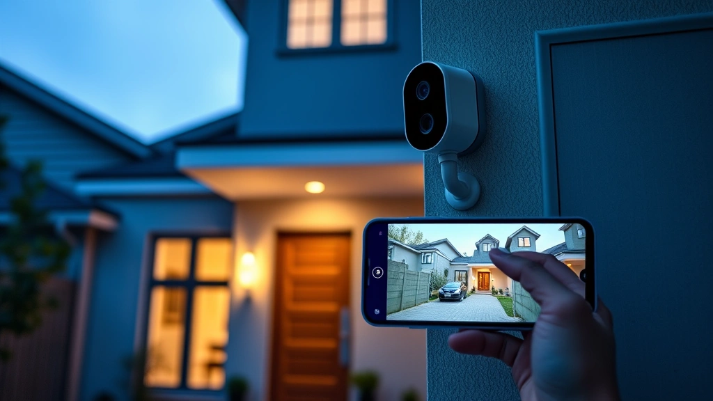 Professional smart doorbell camera mounted on modern home entrance at dusk, showing clear video feed display on smartphone screen, secure residential property