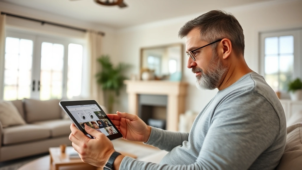 Homeowner reviewing security camera footage on tablet device in bright living room, multiple camera feeds visible, peaceful family home interior
