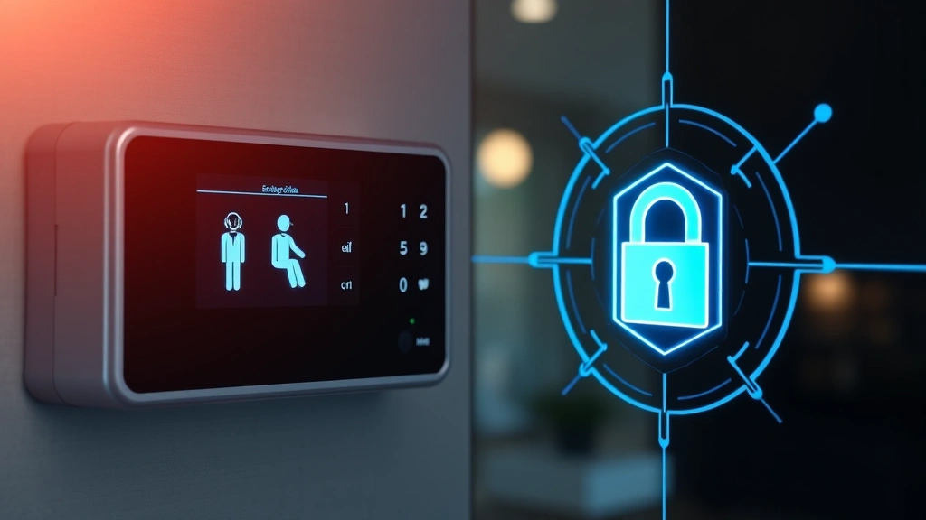 Modern home security system control panel with motion detection indicators, network connectivity symbols, and encrypted data protection visualization in background
