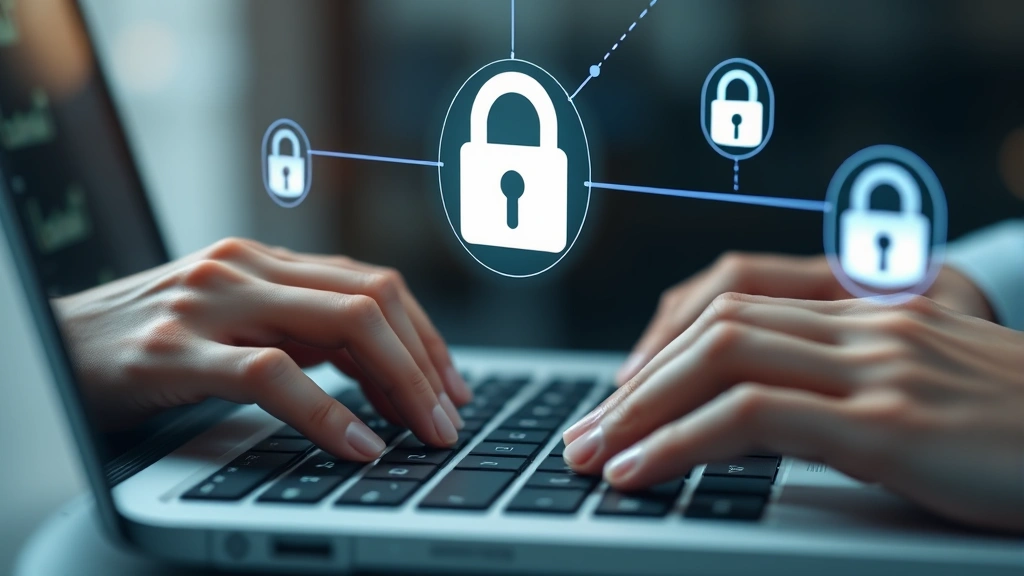 Close-up of hands typing on laptop keyboard with padlock security icon and encrypted connection symbols floating above the keyboard in digital visualization