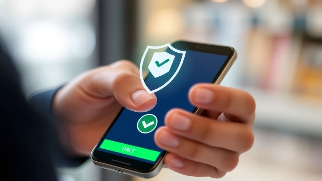 Person checking smartphone with security shield icon and green checkmark appearing over payment transaction screen, representing secure online shopping verification