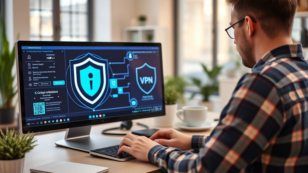 Person shopping safely online with VPN protection active, secure digital transaction in progress, modern home office with updated security software displayed on computer screen, encrypted connection visualization