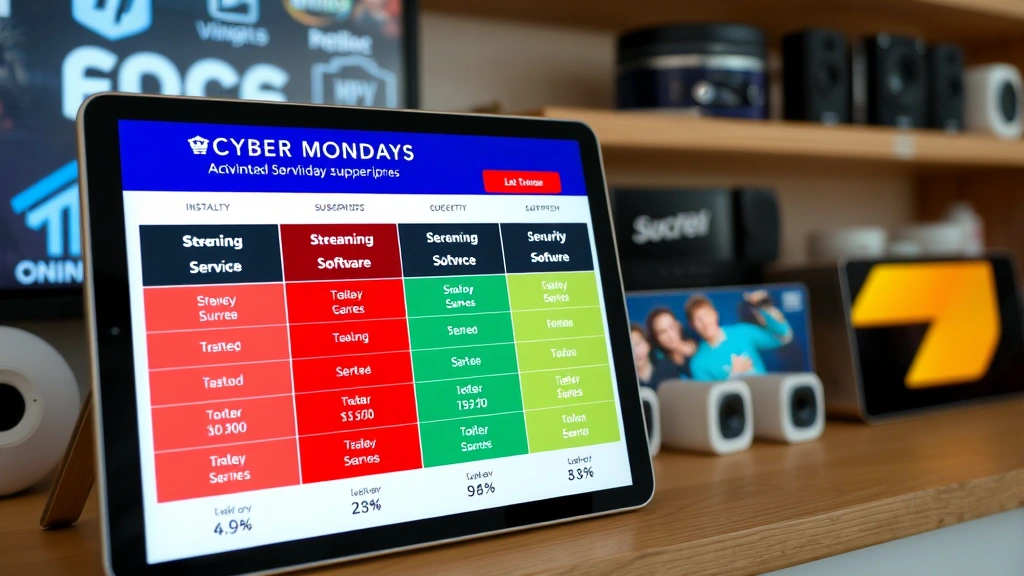 Cyber Monday shopping deals comparison chart on tablet, security software installation interface, streaming service subscriptions displayed, smart home devices arranged on shelf, protective cybersecurity overlay visualization