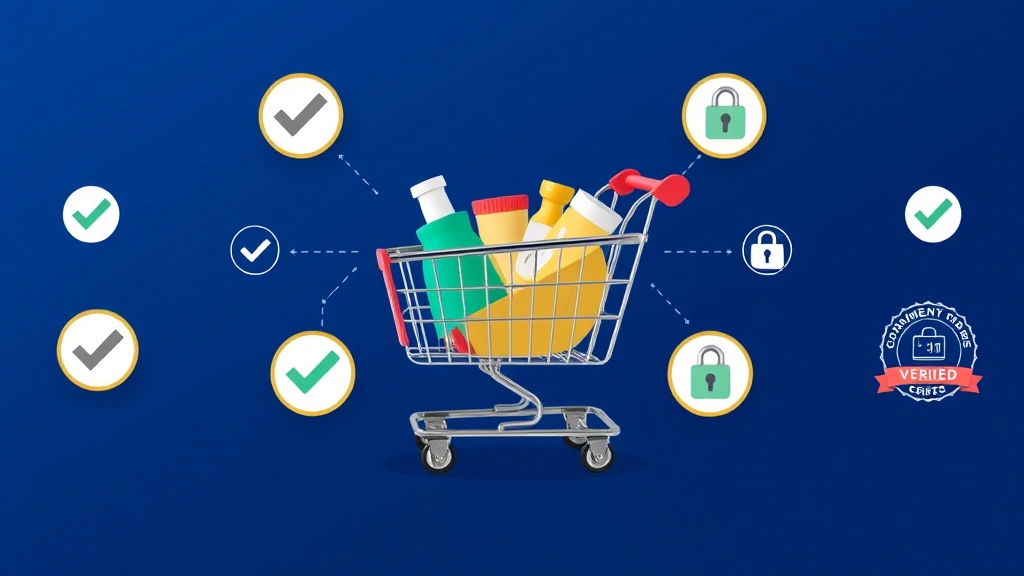 Shopping cart filled with products surrounded by security verification elements including checkmarks, padlock icons, and verified badges on dark blue background, representing secure online shopping