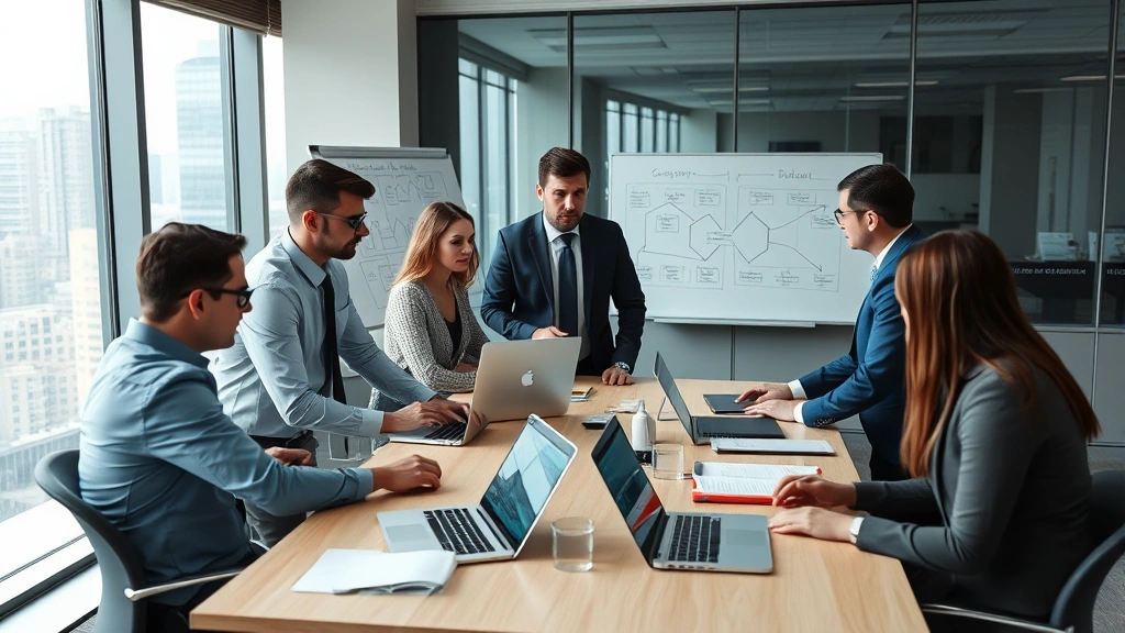 Team of security professionals in business casual attire conducting a collaborative meeting around a conference table with laptops and notebooks, discussing threat response strategies, whiteboards with diagrams visible in background, modern corporate office setting with windows showing city skyline
