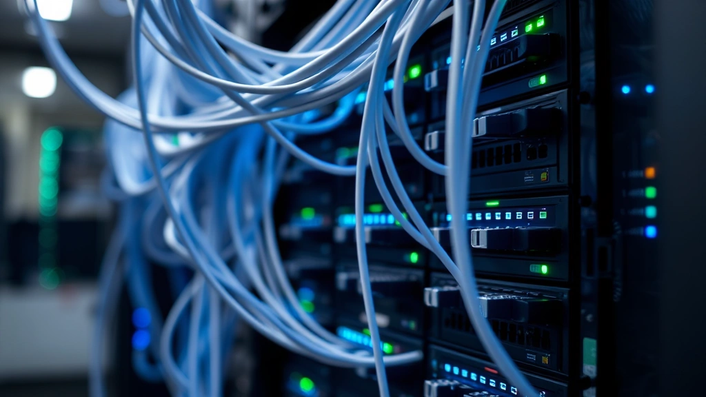 Close-up of network infrastructure with fiber optic cables, server equipment, and networking hardware illuminated by blue and green status lights, cables neatly organized, professional data center environment, shallow depth of field focusing on connection points and technical components