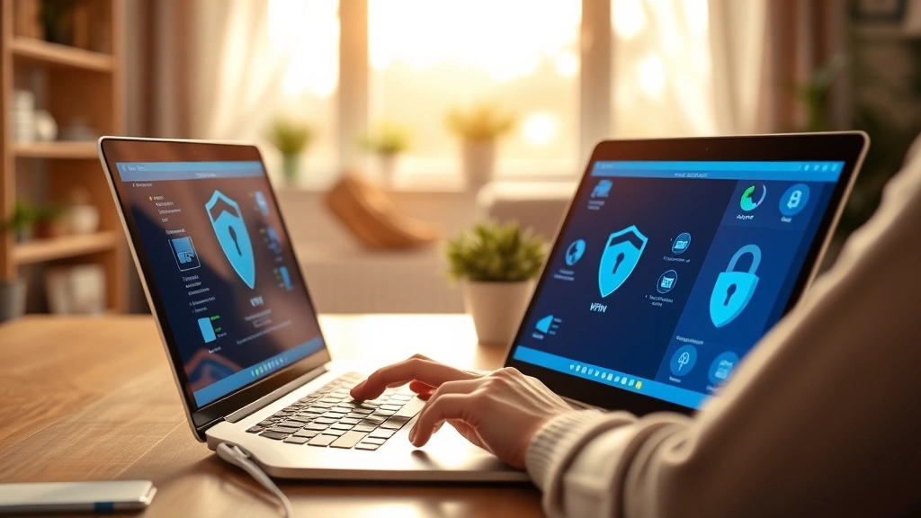 Person using laptop at home with VPN connection active, secure shopping environment, home office setting with visible security software interface elements, warm lighting