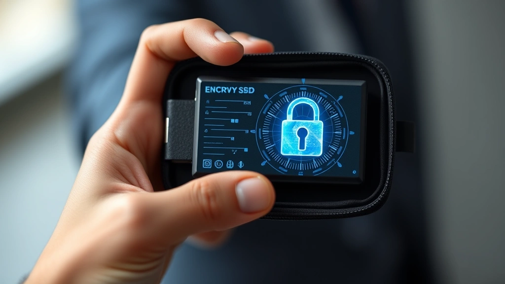 Hands holding encrypted external SSD drive with security lock imagery, data protection concept, modern portable storage device with protective case, professional photography
