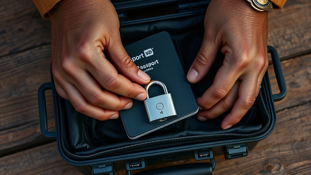 Hands carefully placing a WD Passport drive into a protective case with a padlock, showing security-conscious storage practice, natural daylight, detailed textures, photorealistic