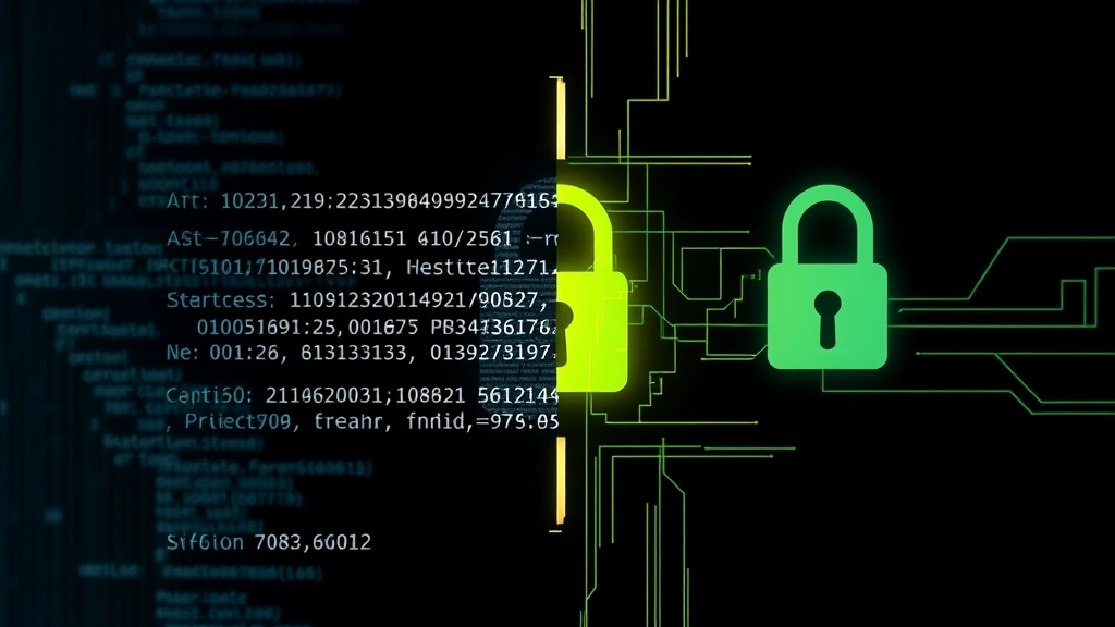 Split-screen showing encrypted data visualization on one side (binary code flowing) and a secure lock symbol on the other, representing hardware encryption protection, dark professional aesthetic, photorealistic digital art
