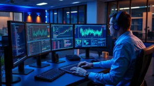 Professional cybersecurity analyst working at modern SOC desk with multiple monitors displaying network traffic analysis, threat intelligence dashboards, and security alerts in real-time, surrounded by professional office environment with soft blue lighting