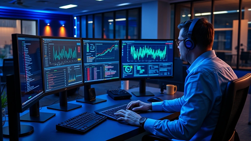 Professional cybersecurity analyst working at modern SOC desk with multiple monitors displaying network traffic analysis, threat intelligence dashboards, and security alerts in real-time, surrounded by professional office environment with soft blue lighting