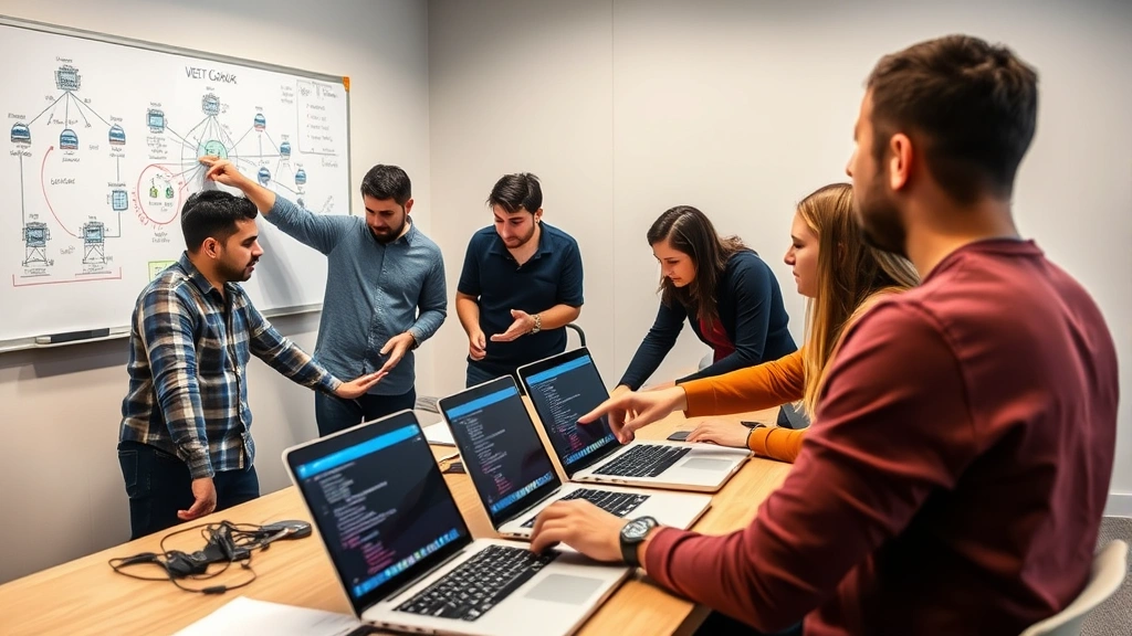 Group of diverse bootcamp students collaborating on hands-on security lab exercise in classroom, examining network diagrams on whiteboard, pointing at laptop screens showing vulnerability scanning tools and penetration testing frameworks