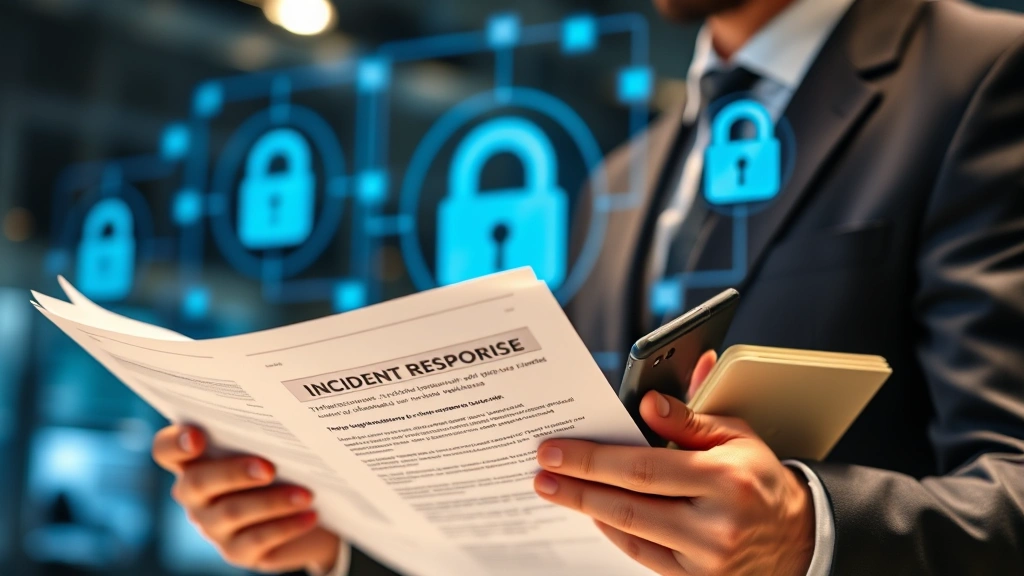 Cybersecurity professional in corporate setting reviewing incident response procedures, holding security certification documents and credentials, with digital security concept elements like padlocks and shield icons visible in blurred background