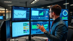 Professional cybersecurity analyst reviewing multiple digital security dashboards on screens showing threat detection metrics, network monitoring systems, and protection status indicators in modern office environment