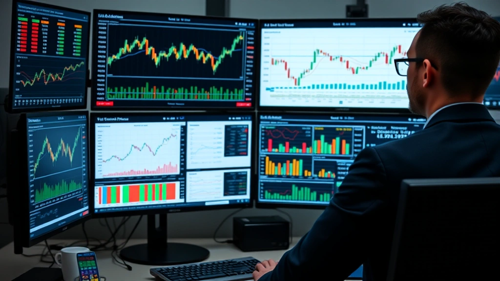 Financial professional examining investment portfolio data on multiple monitors displaying performance charts, index tracking, and fund comparison analytics for sector analysis